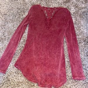 Burgundy Washed Long Sleeve Embroidered Top